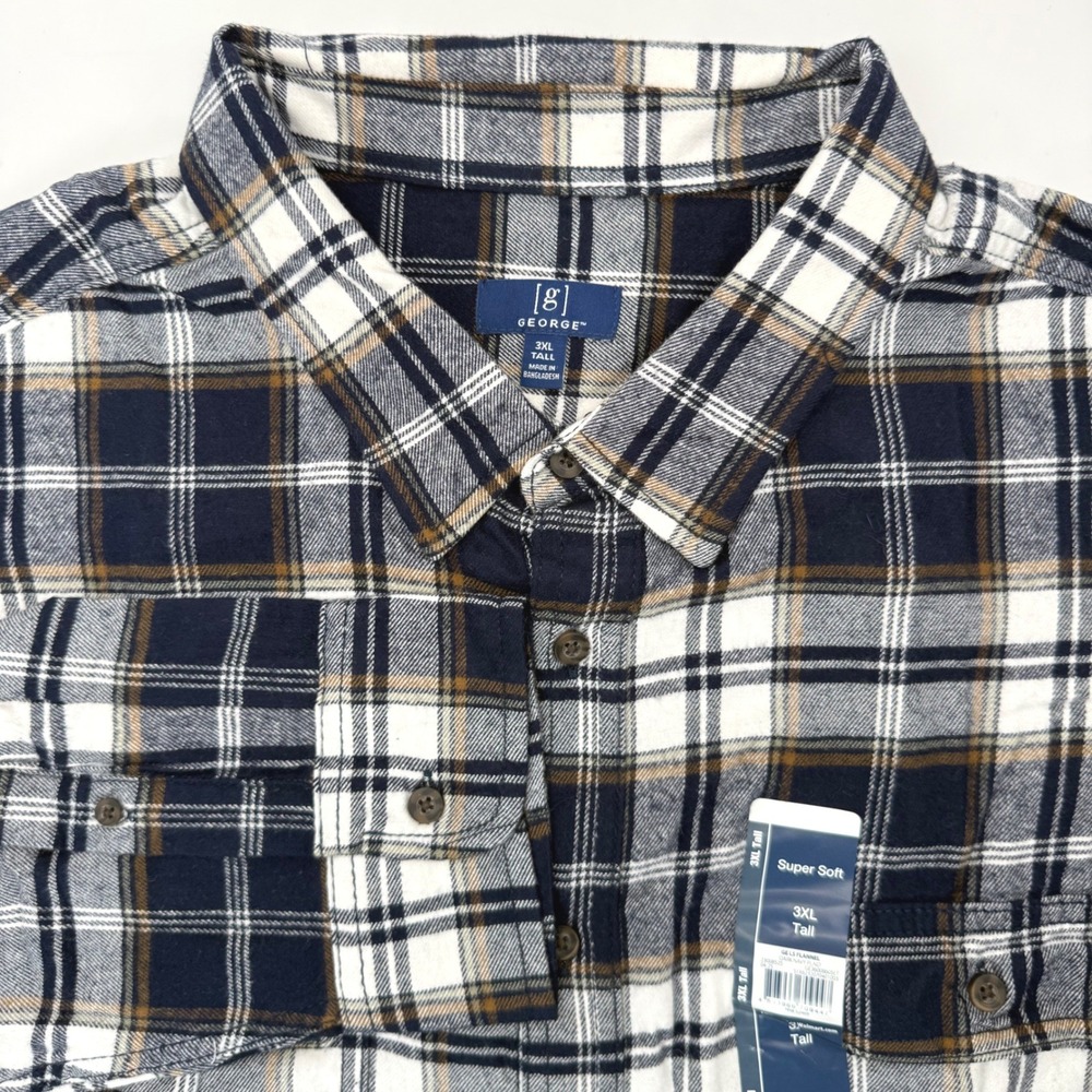 George Flannel Shirt Mens 3XL Tall Dark Navy Plaid Super Soft GE LS FLANNEL